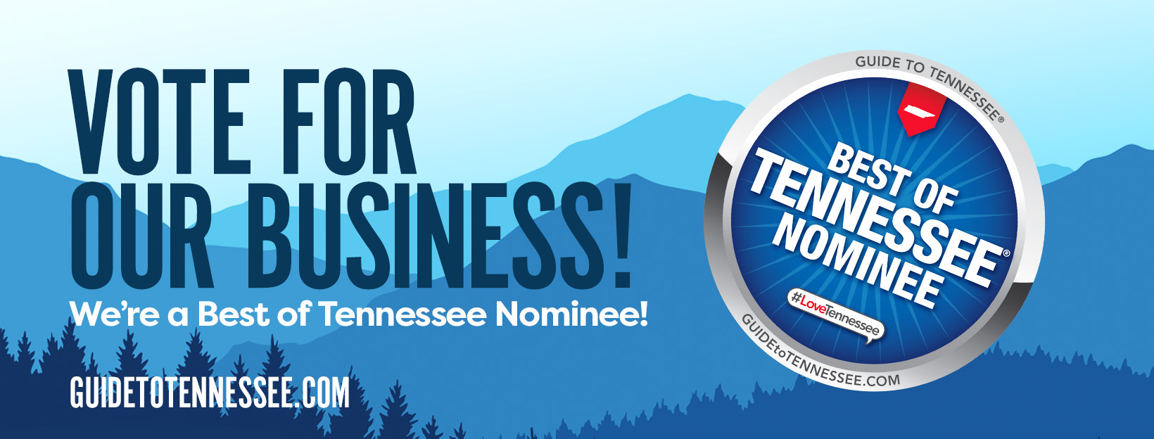 A promotional banner urging votes for a business nominated for Best of Tennessee,featuring mountains and a vibrant logo.